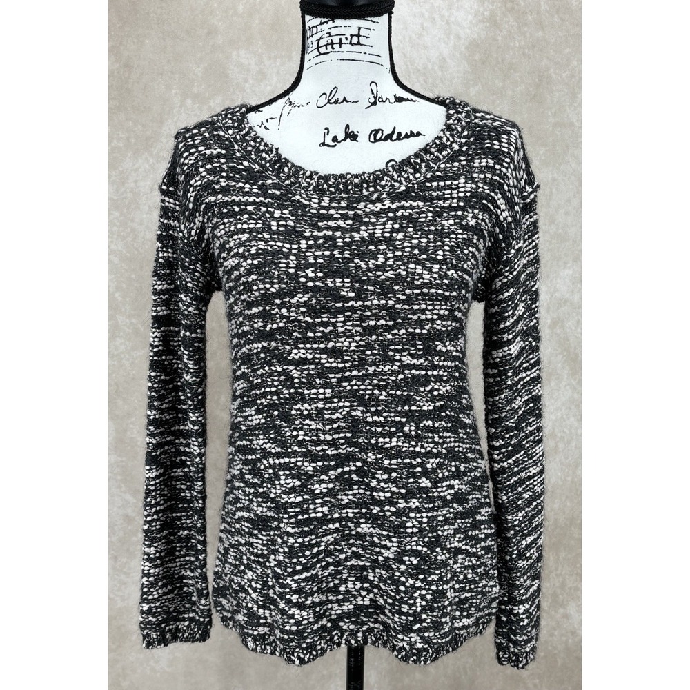 Alice + Olivia Chunky Knit Sweater XS Black White Marled Crew Neck‎ Long Sleeve